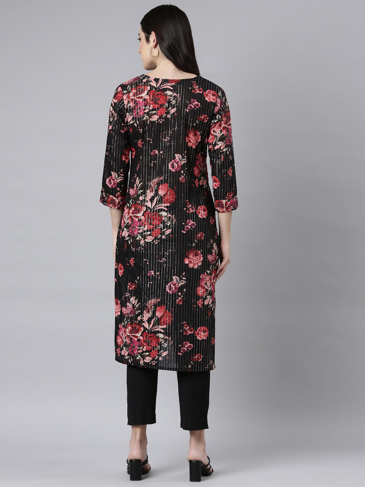 Neerus Black Regular Straight Floral Kurtas