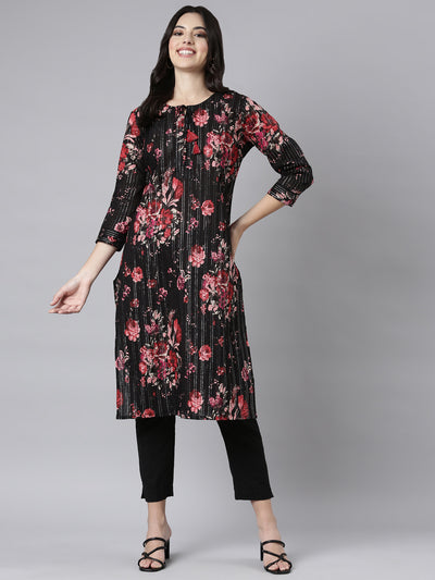 Neerus Black Regular Straight Floral Kurtas