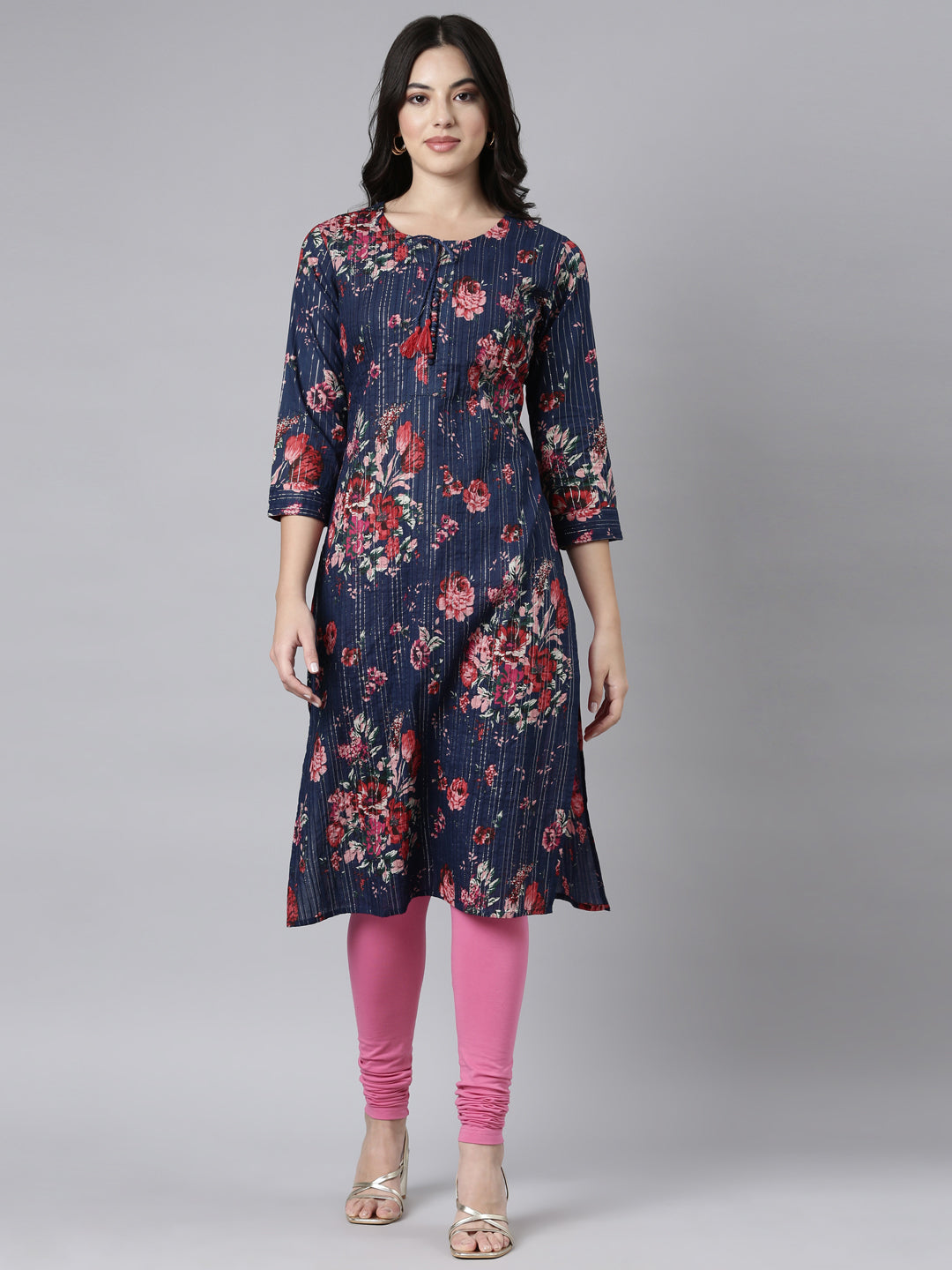 Neerus Blue floral printed straight kurti - front view