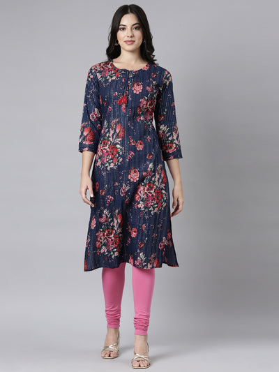 Neerus Navy Blue Regular Straight Floral Kurtas