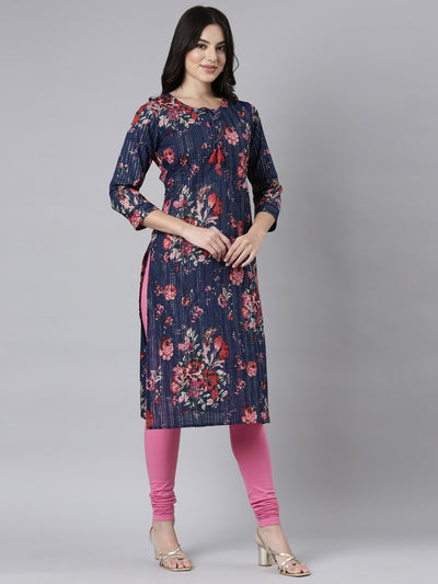 Neerus Navy Blue Regular Straight Floral Kurtas