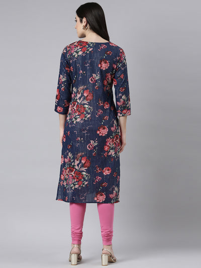 Neerus Navy Blue Regular Straight Floral Kurtas
