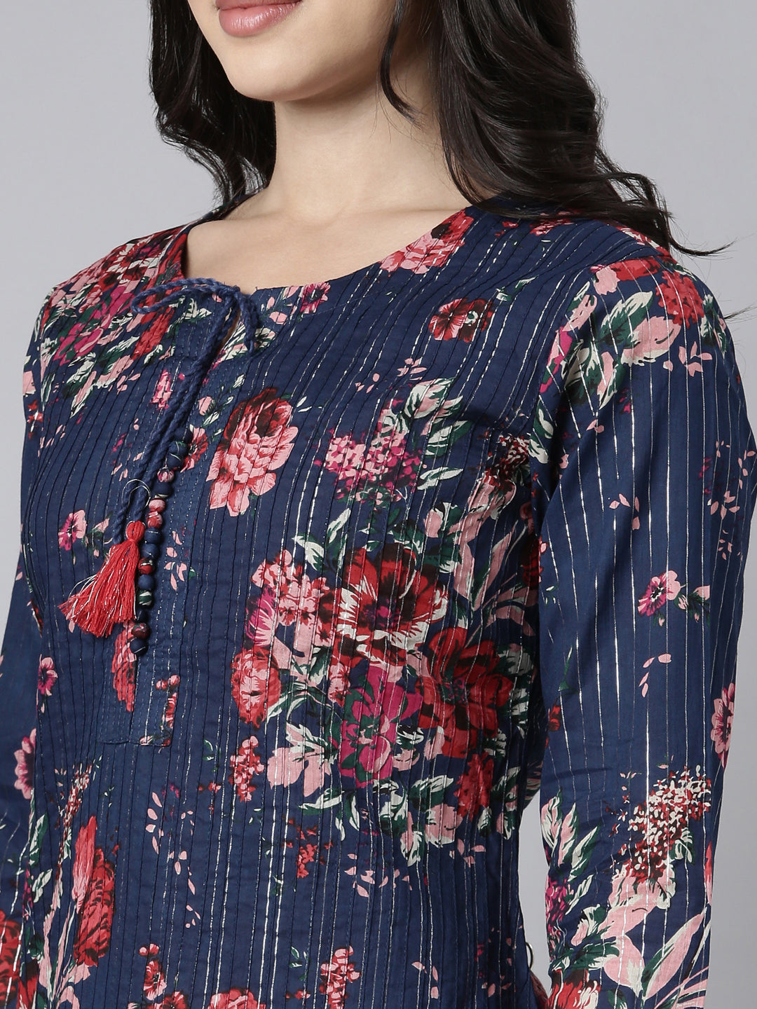 Neerus Blue floral printed straight kurti - detail view 1