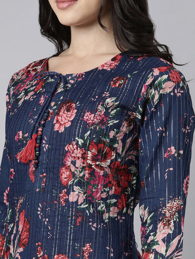 Neerus Navy Blue Regular Straight Floral Kurtas