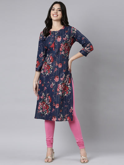 Neerus Navy Blue Regular Straight Floral Kurtas