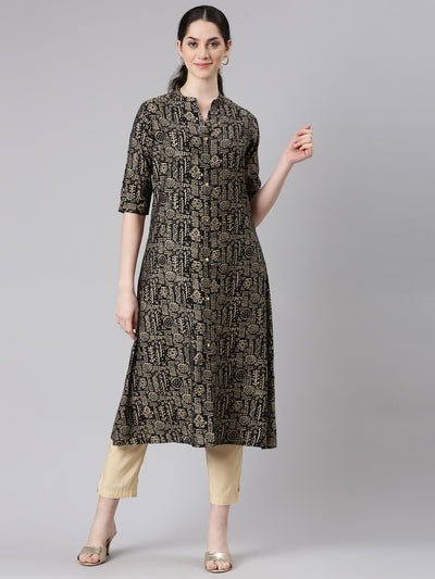 Neerus Black Straight Casual Tribal Panelled Kurtas