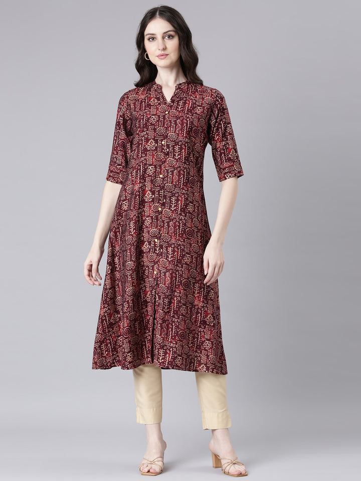 Neerus Maroon Casual Tribal Straight Kurtas