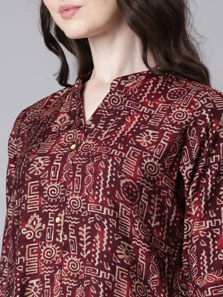 Neerus Maroon Casual Tribal Straight Kurtas