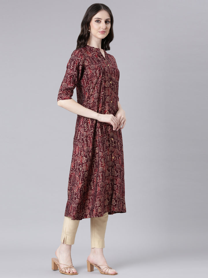 Neerus Maroon Casual Tribal Straight Kurtas