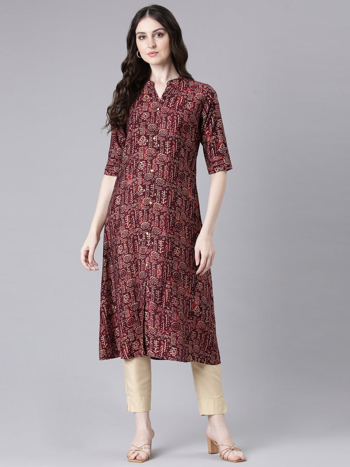Neerus Maroon Casual Tribal Straight Kurtas