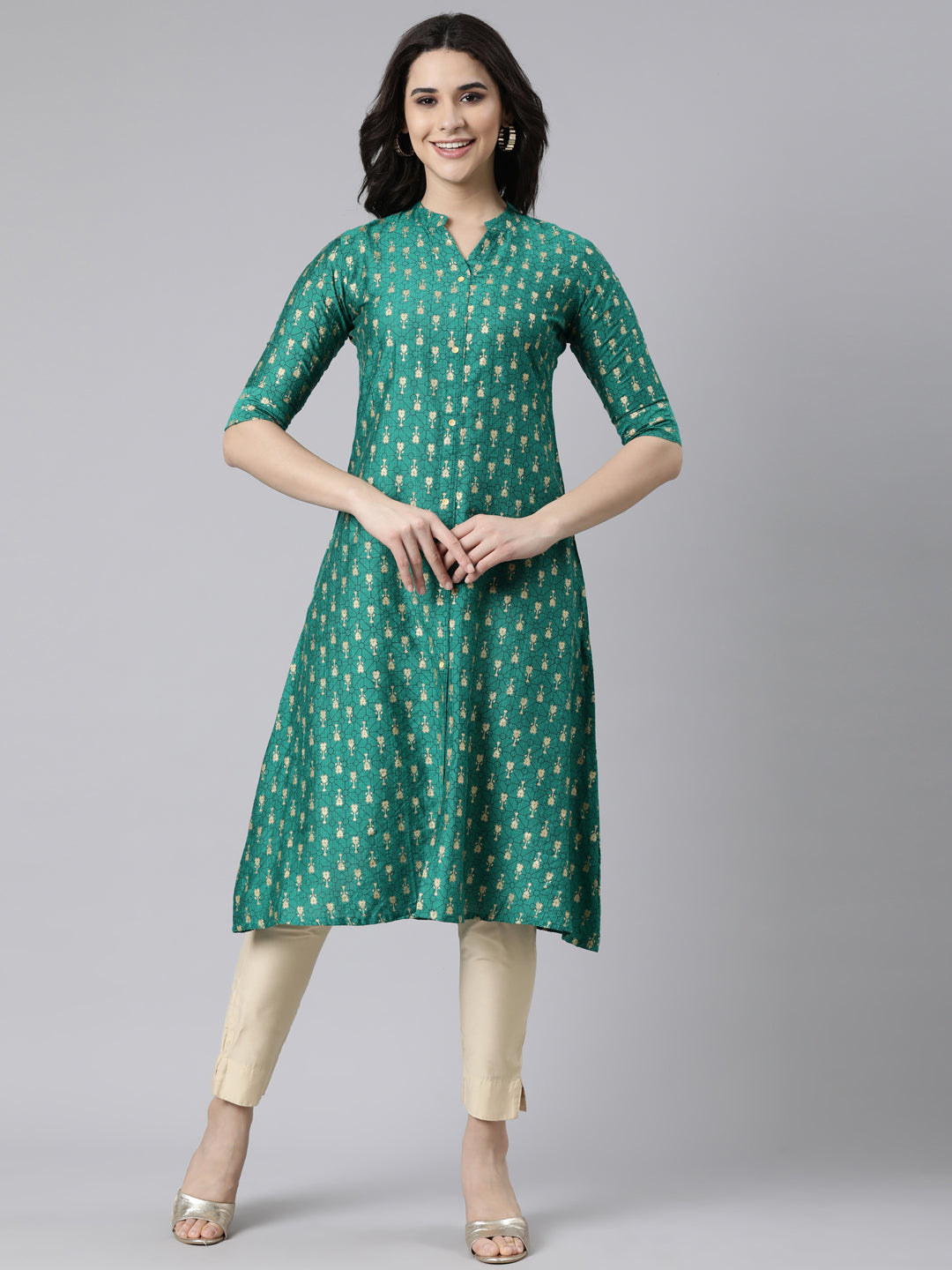 Neerus Green woven straight kurti ethnic design - front view