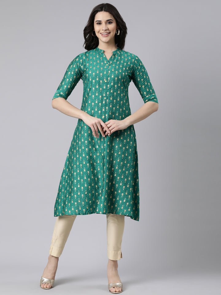Neerus Green woven straight kurti ethnic design - front view