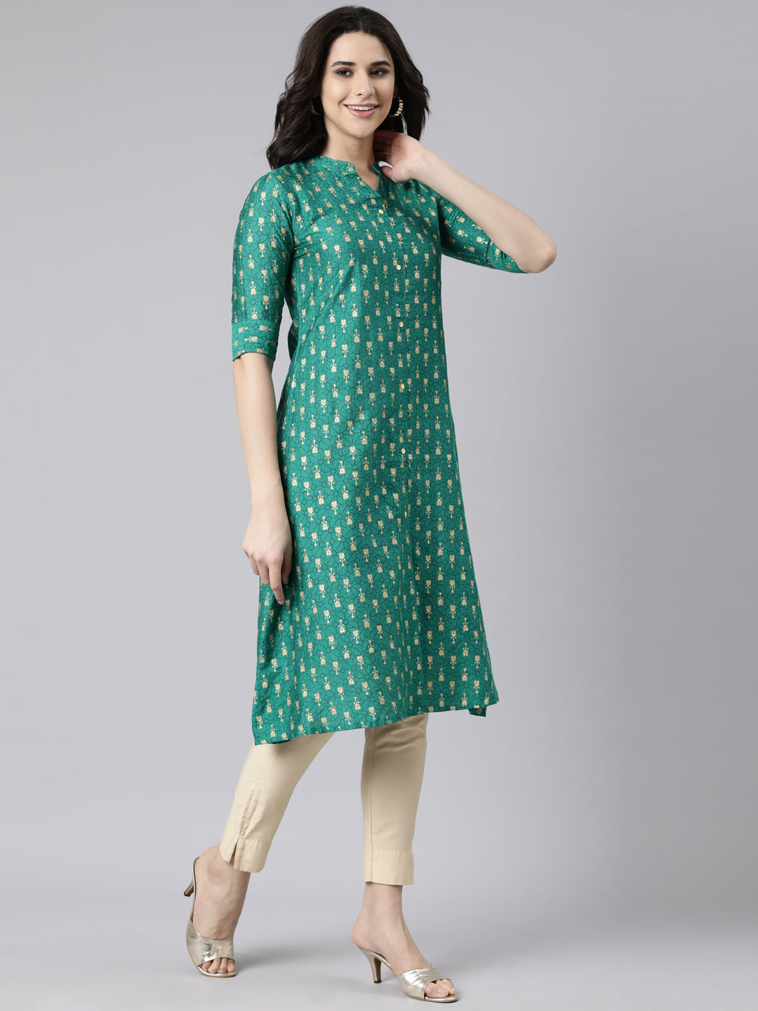 Neerus Green woven straight kurti ethnic design - back view
