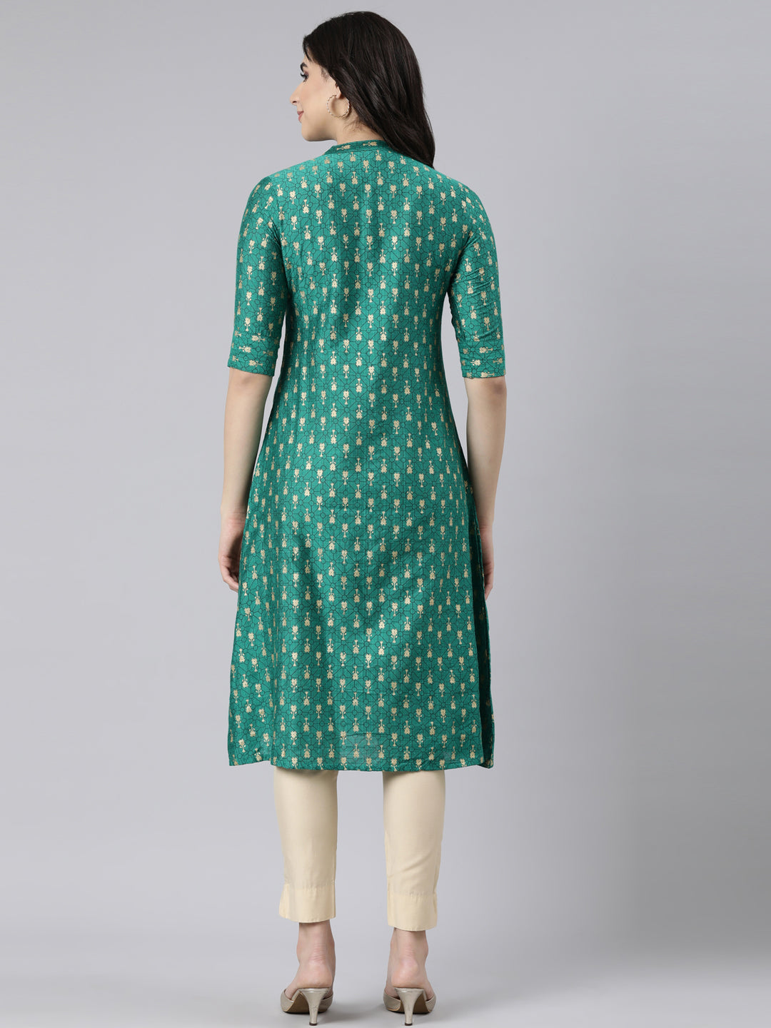 Neerus Green woven straight kurti ethnic design - side view