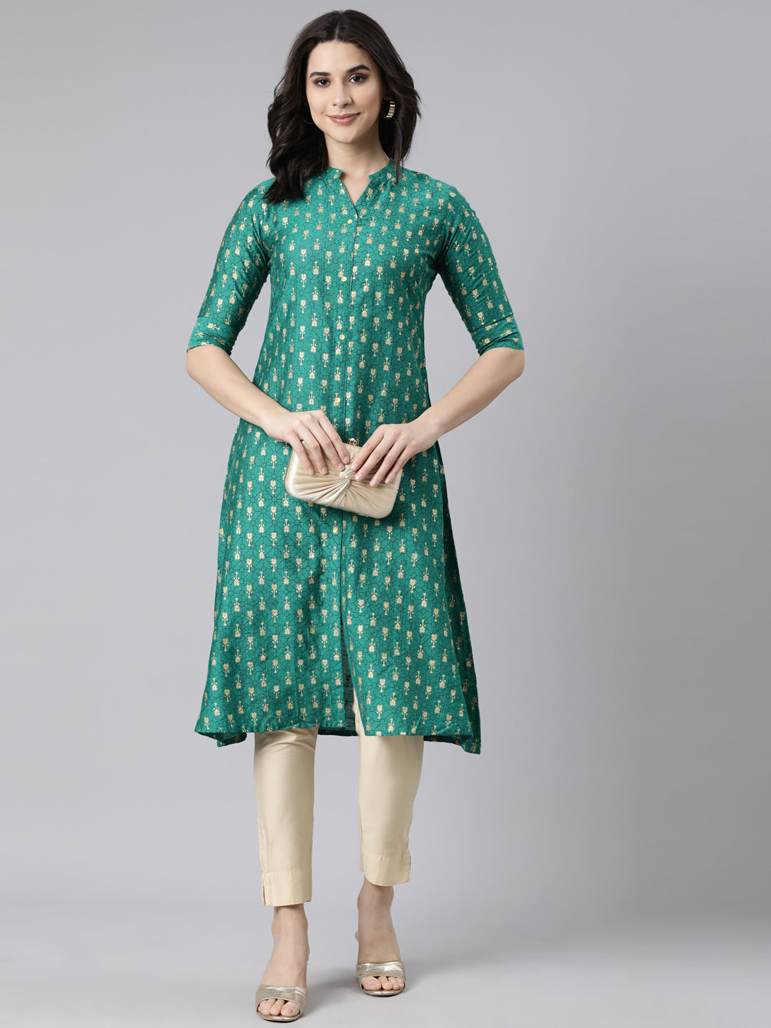 Neerus Green woven straight kurti ethnic design - detail view 1