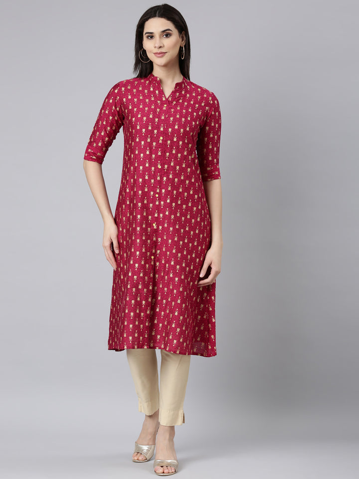 Neerus Pink Regular Straight Floral Kurtas