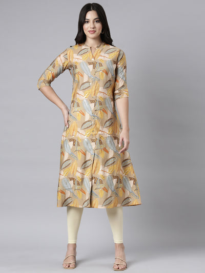 Neerus Beige Regular Straight Floral Kurtas