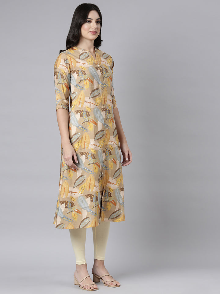Neerus Beige Regular Straight Floral Kurtas