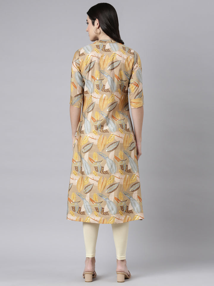 Neerus Beige Regular Straight Floral Kurtas