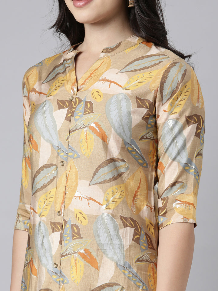 Neerus Beige Regular Straight Floral Kurtas