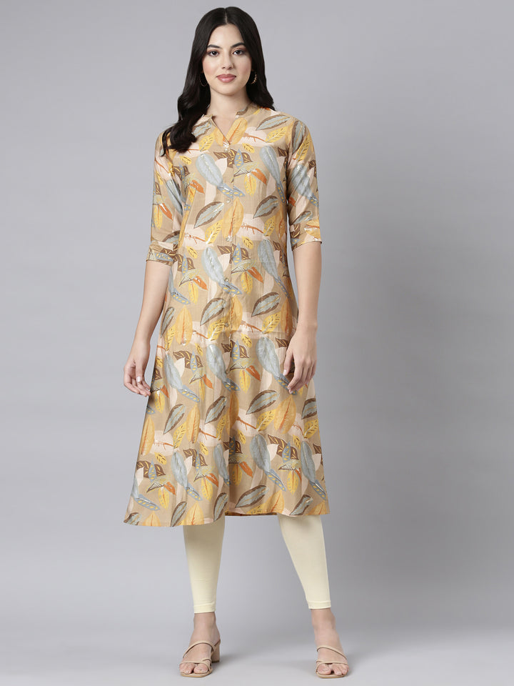 Neerus Beige Regular Straight Floral Kurtas