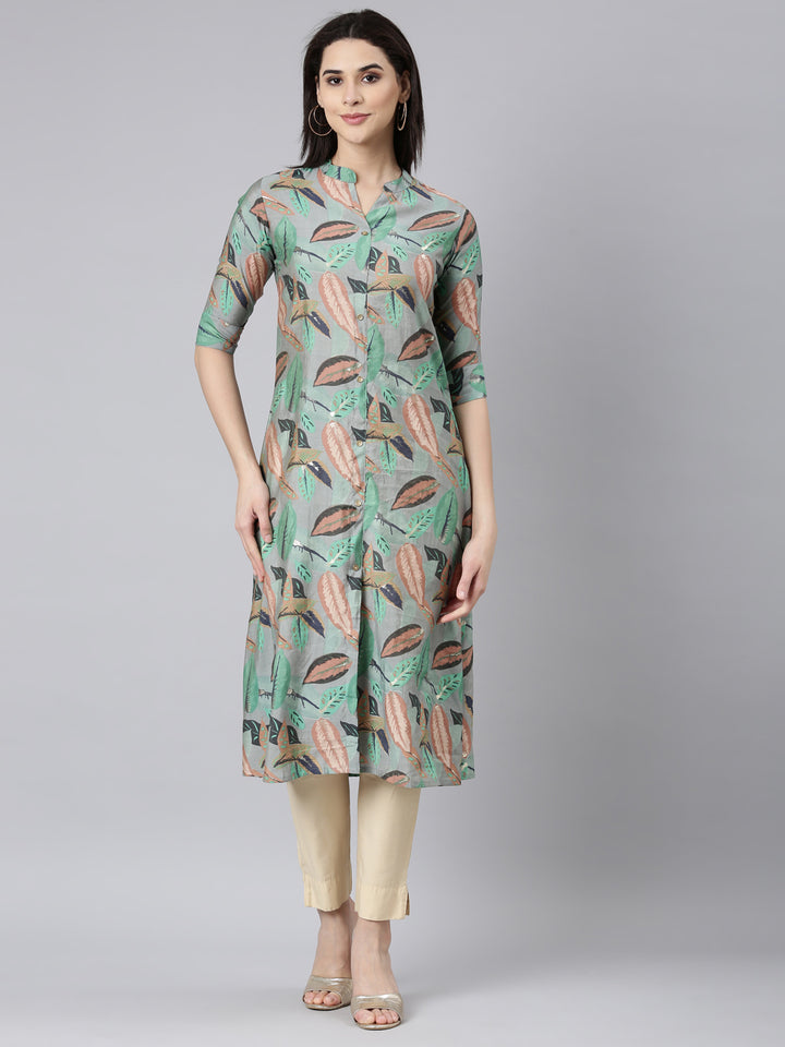Neerus Grey printed floral straight kurti - front view