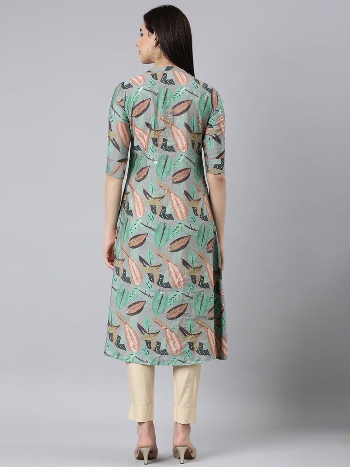 Neerus Grey printed floral straight kurti - side view