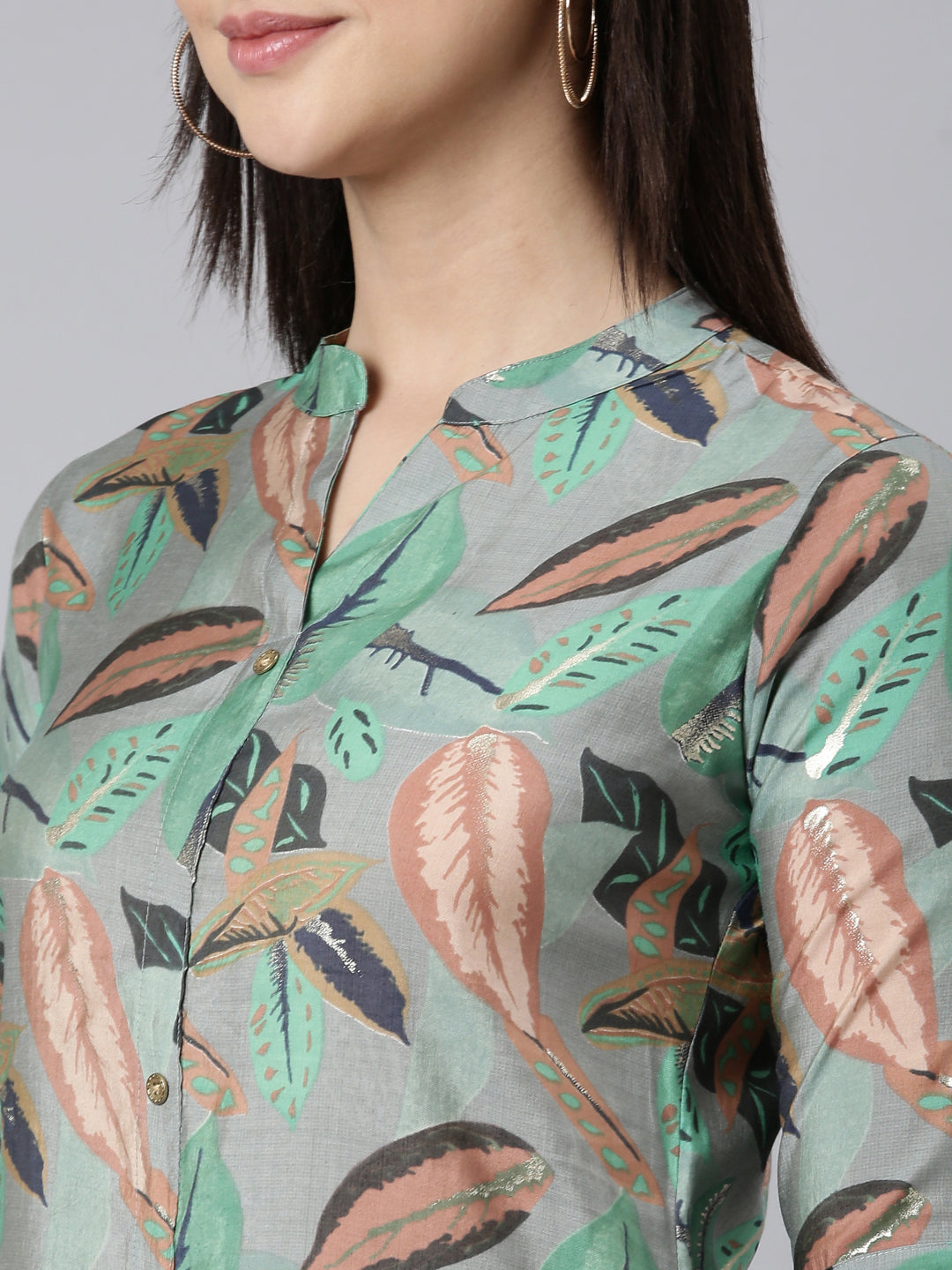 Neerus Grey printed floral straight kurti - detail view 1