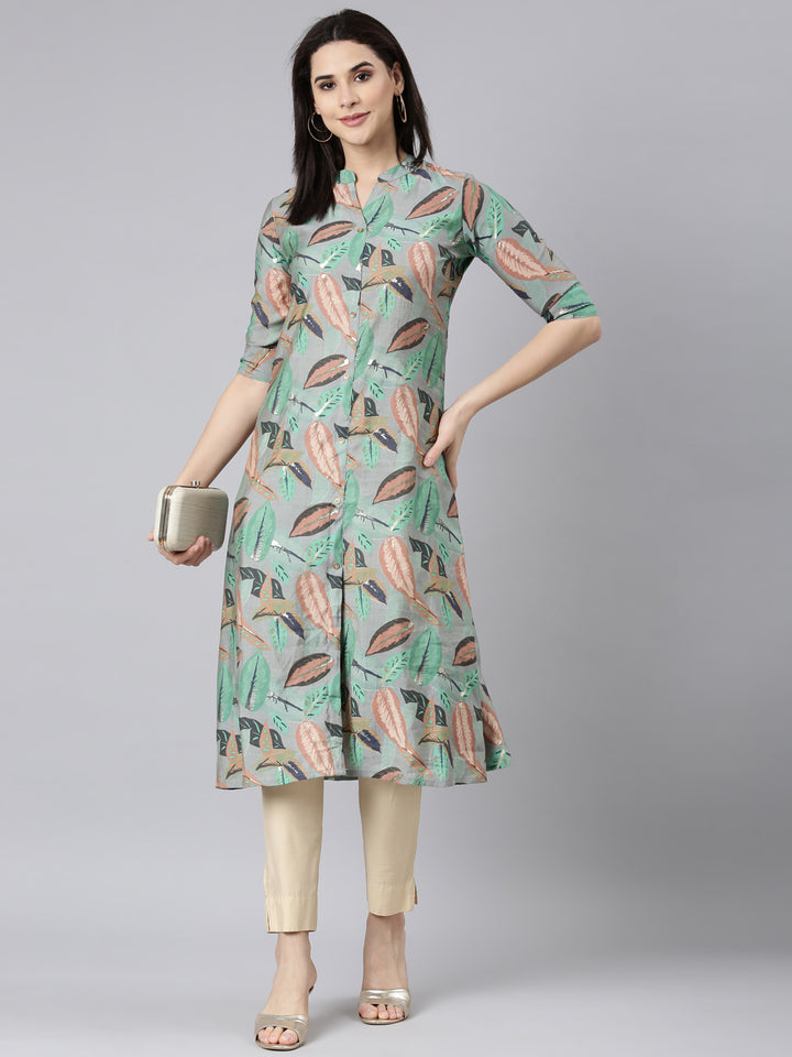 Neerus Grey printed floral straight kurti - detail view 2