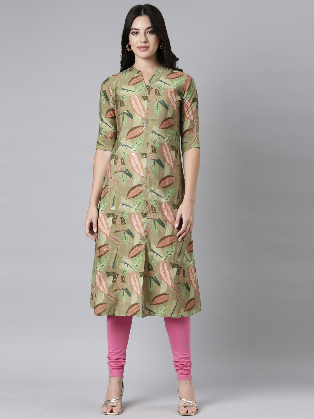 Neerus Green solid straight kurta - front view