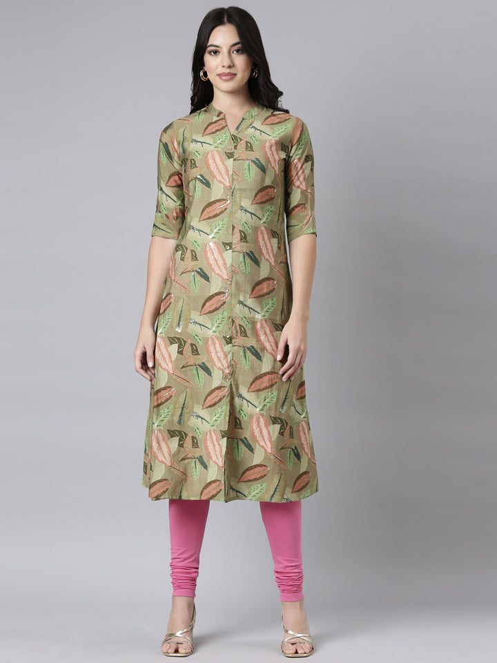 Neerus Green solid straight kurta - front view