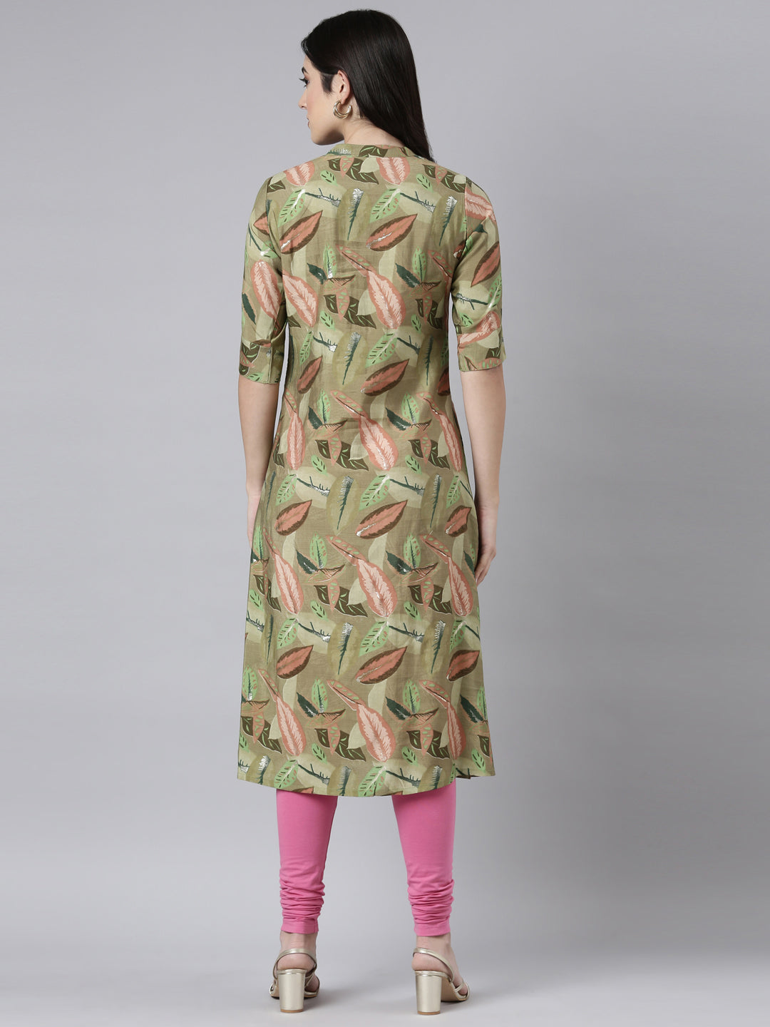 Neerus Green solid straight kurta - side view