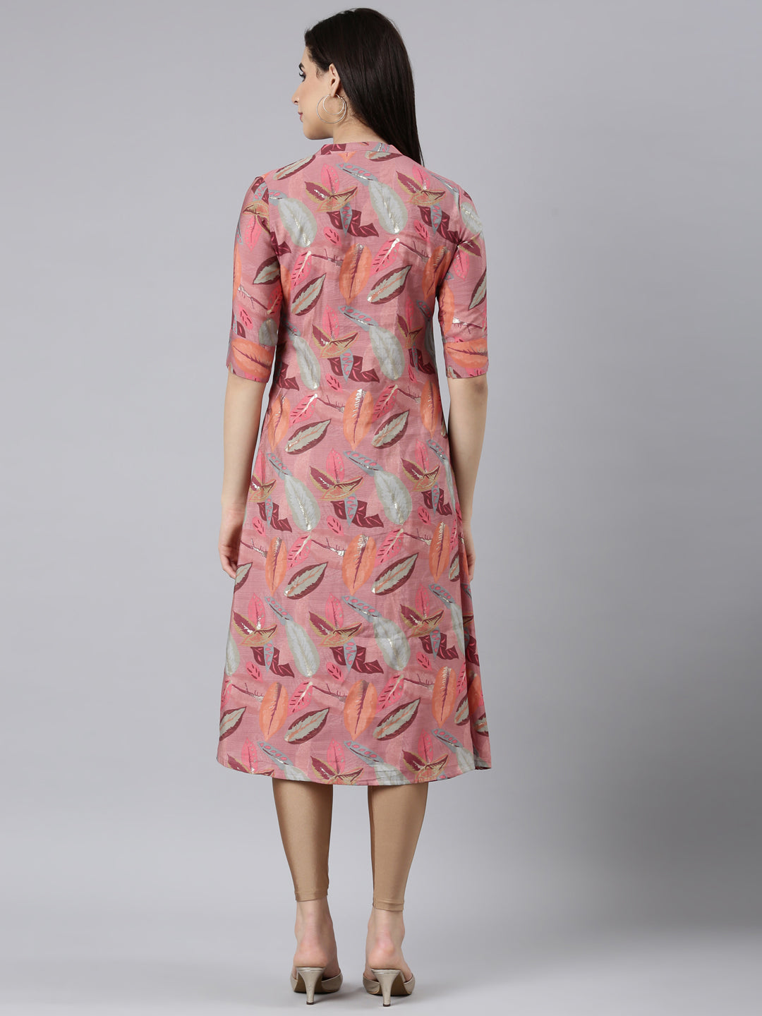 Neerus Pink floral printed straight kurti - side view
