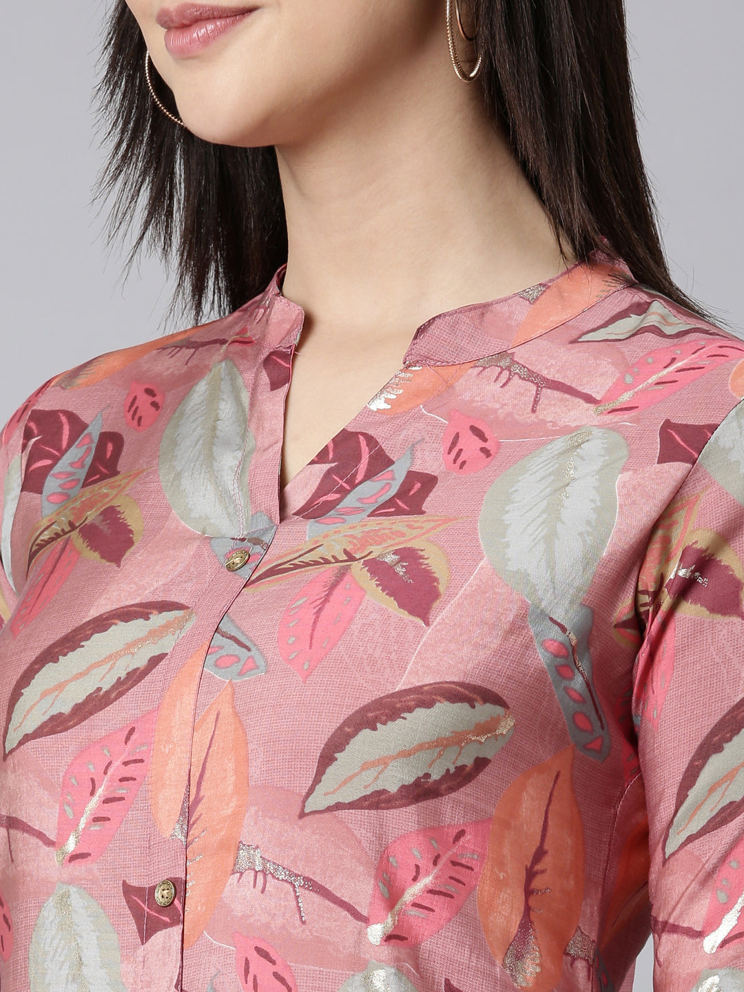 Neerus Pink floral printed straight kurti - detail view 1