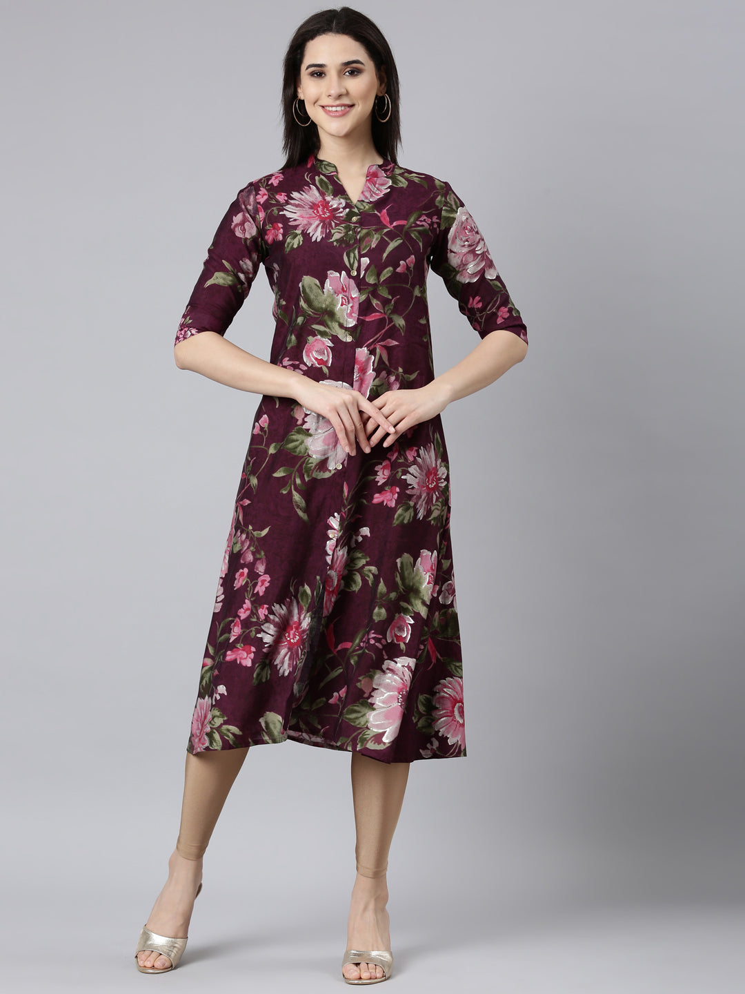 Neerus Purple floral printed straight kurti - front view