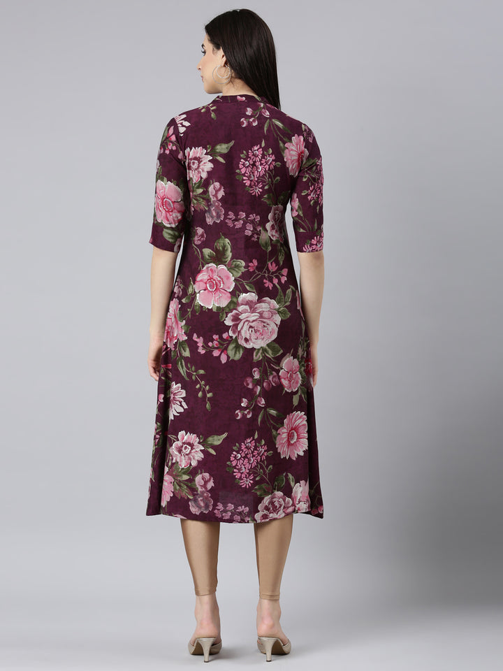 Neerus Purple floral printed straight kurti - side view