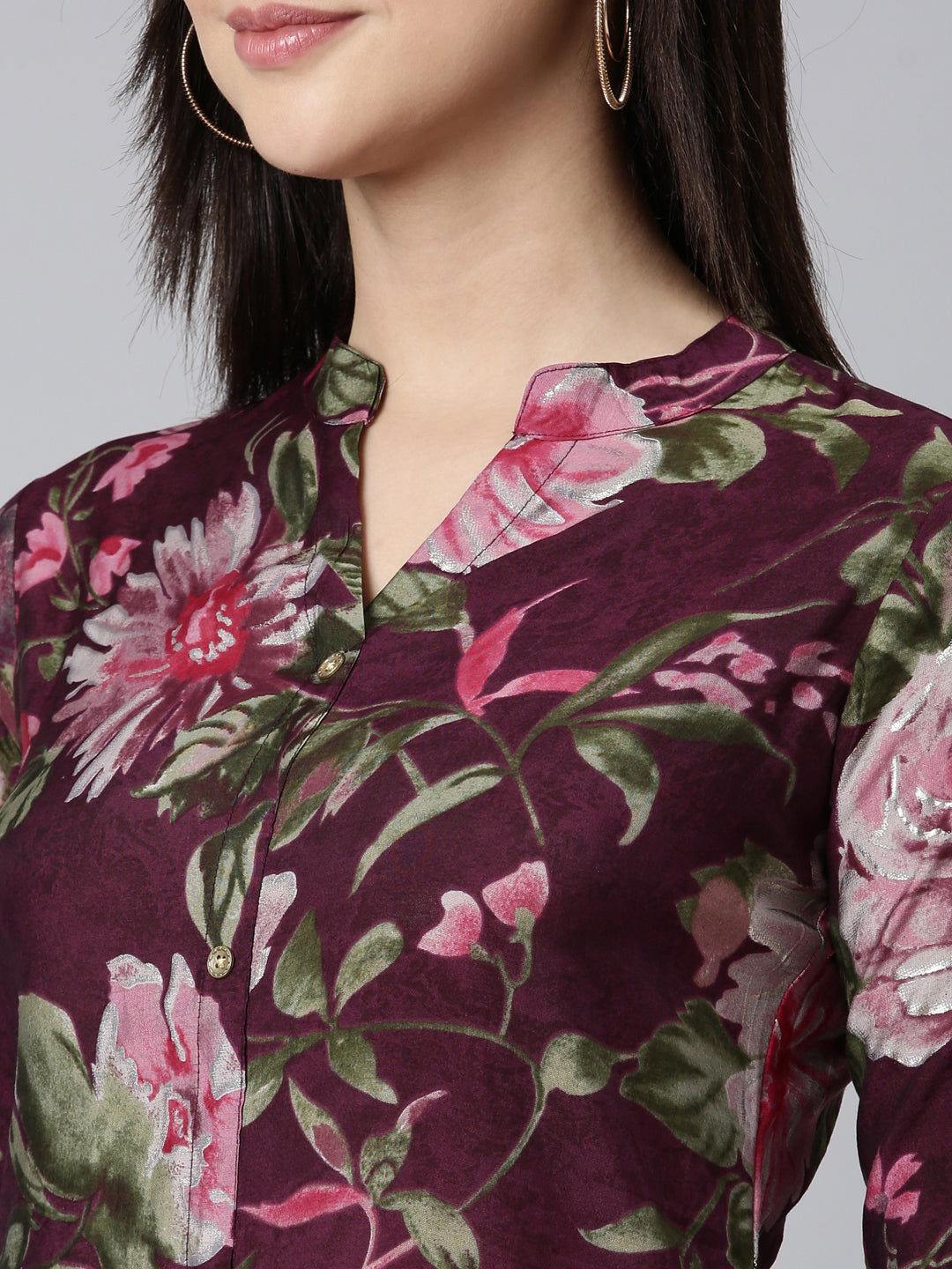 Neerus Purple floral printed straight kurti - detail view 1