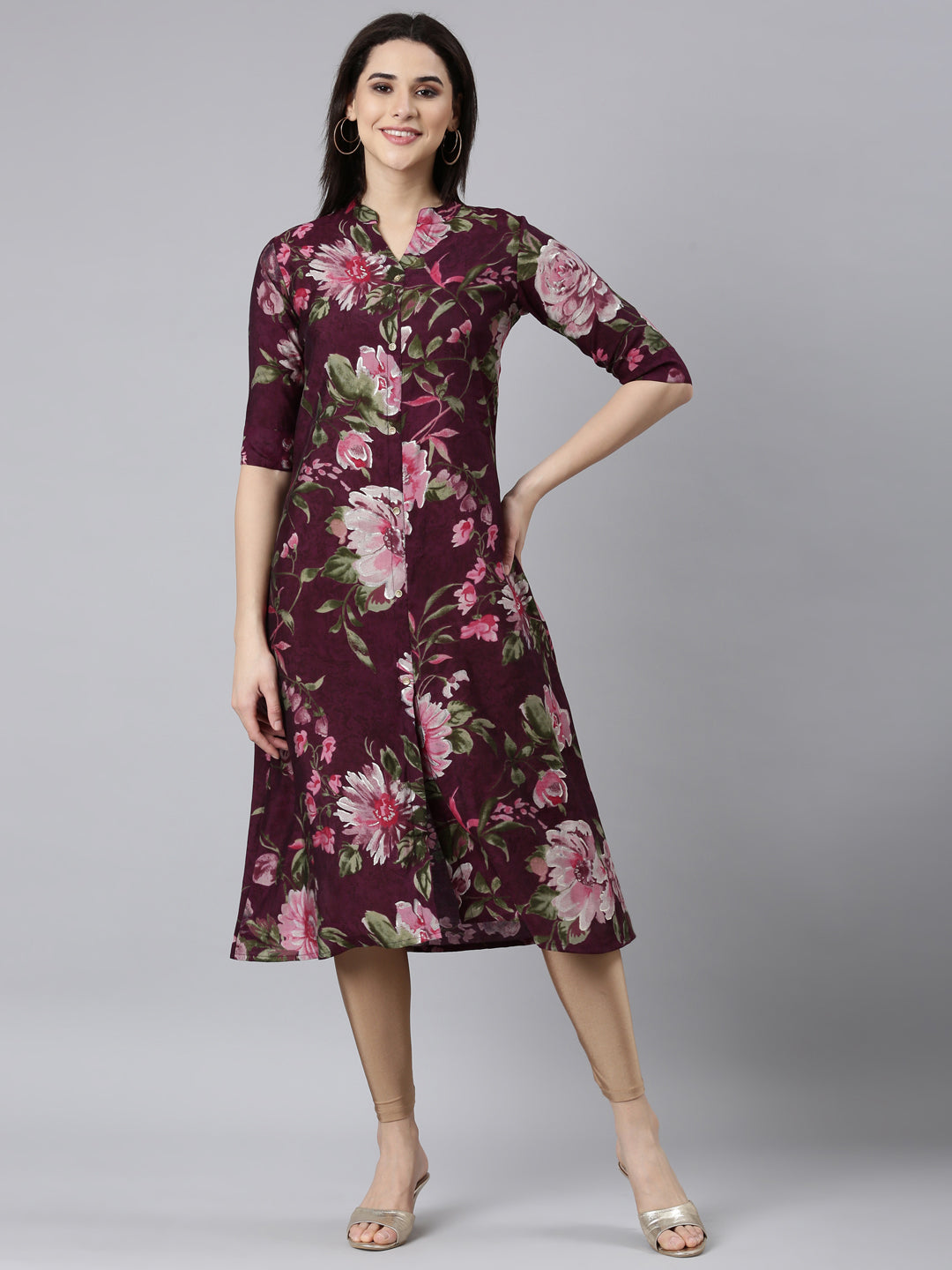 Neerus Purple floral printed straight kurti - detail view 2