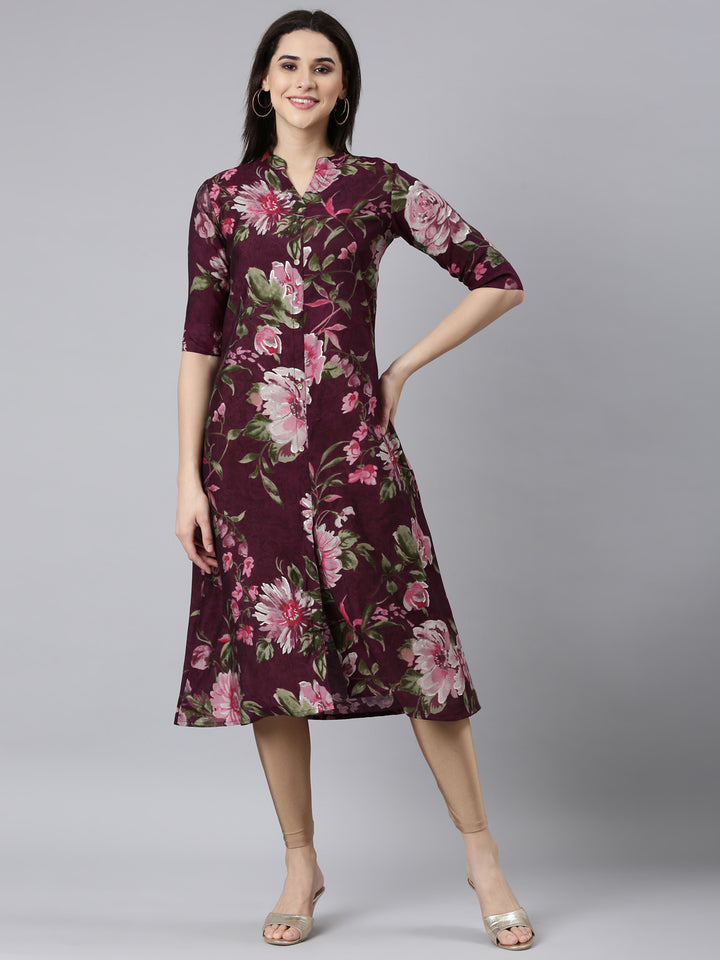 Neerus Purple floral printed straight kurti - detail view 2