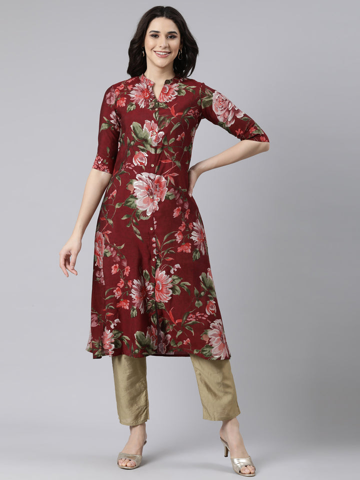 Neerus Maroon floral printed straight kurti - front view