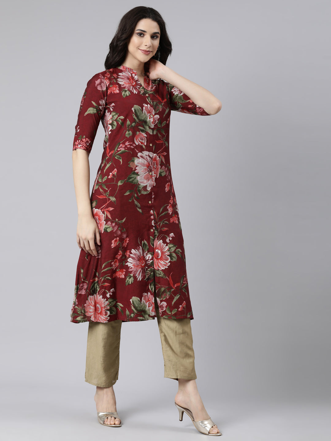 Neerus Maroon floral printed straight kurti - back view