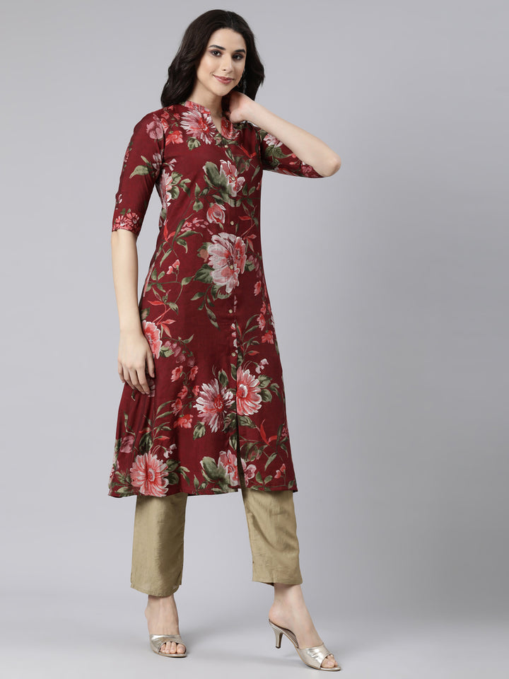 Neerus Maroon floral printed straight kurti - back view