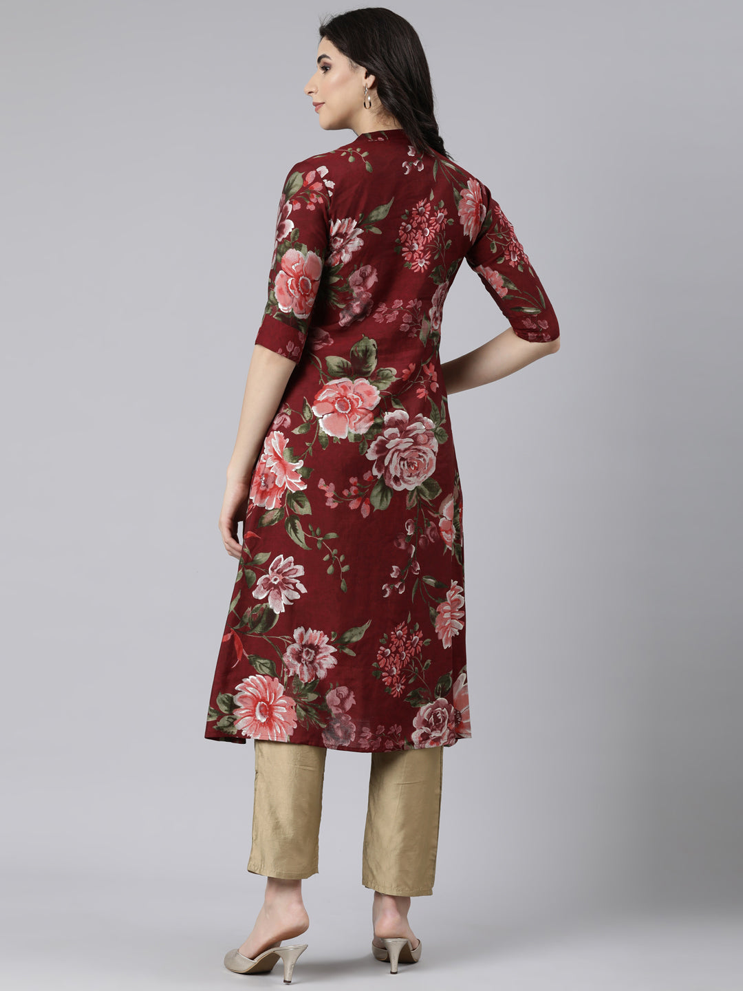 Neerus Maroon floral printed straight kurti - side view