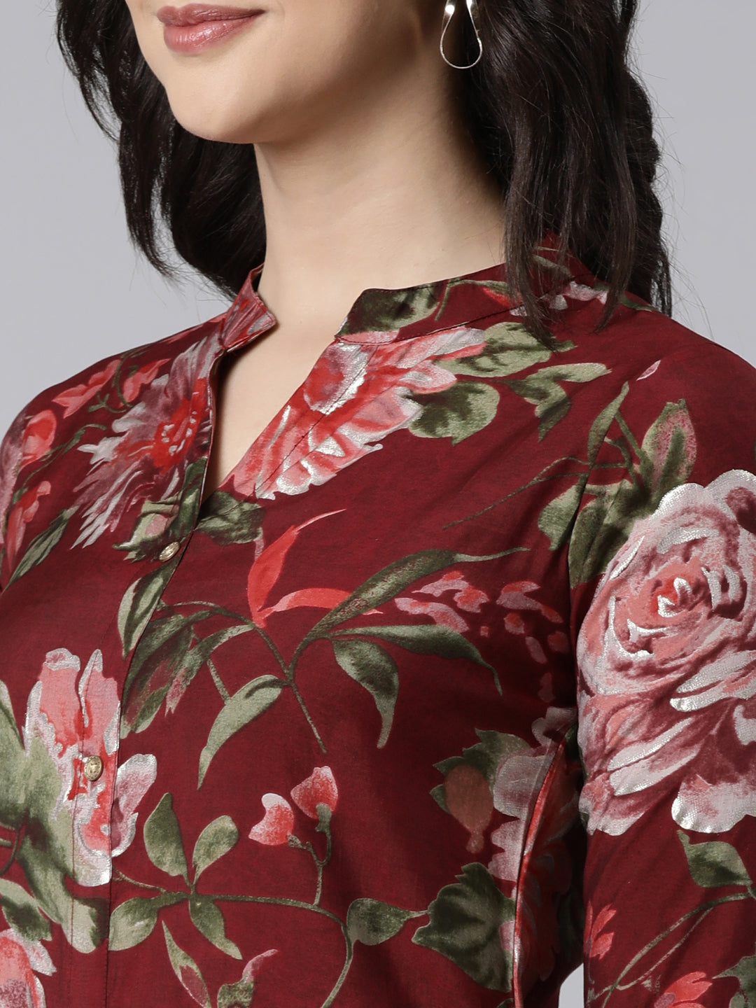 Neerus Maroon floral printed straight kurti - detail view 1
