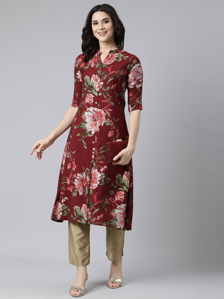 Neerus Maroon floral printed straight kurti - detail view 2
