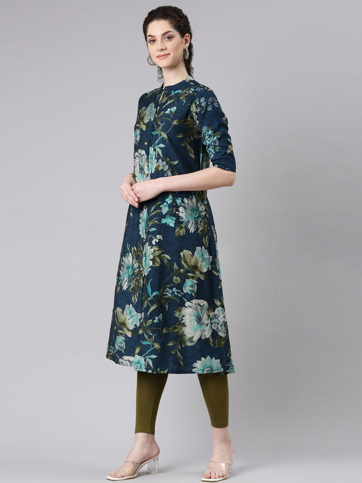 Neerus Blue Straight Casual Floral Panelled Kurta