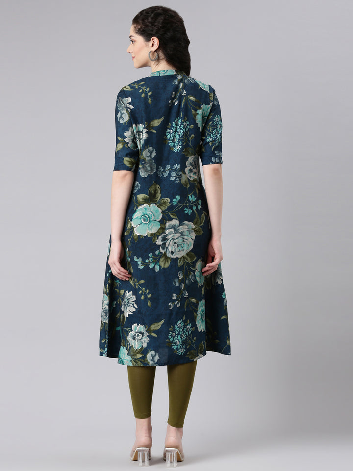 Neerus Blue Straight Casual Floral Panelled Kurta