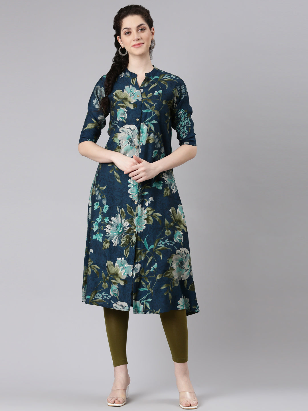 Neerus Blue Straight Casual Floral Panelled Kurta