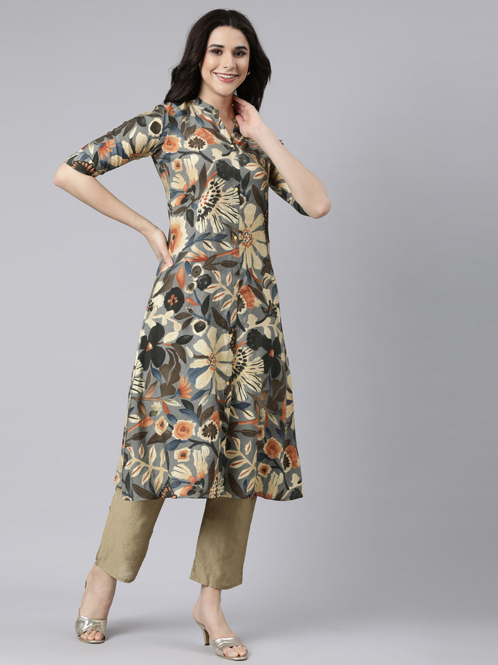 Neerus Grey floral printed straight kurti - back view