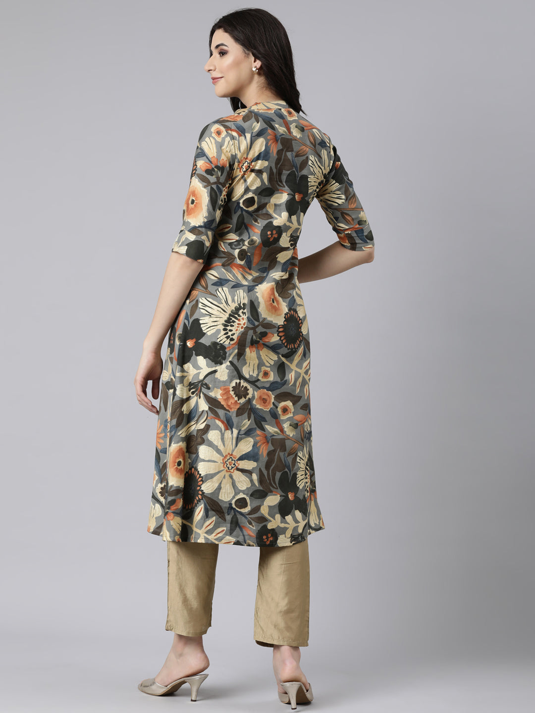 Neerus Grey floral printed straight kurti - side view